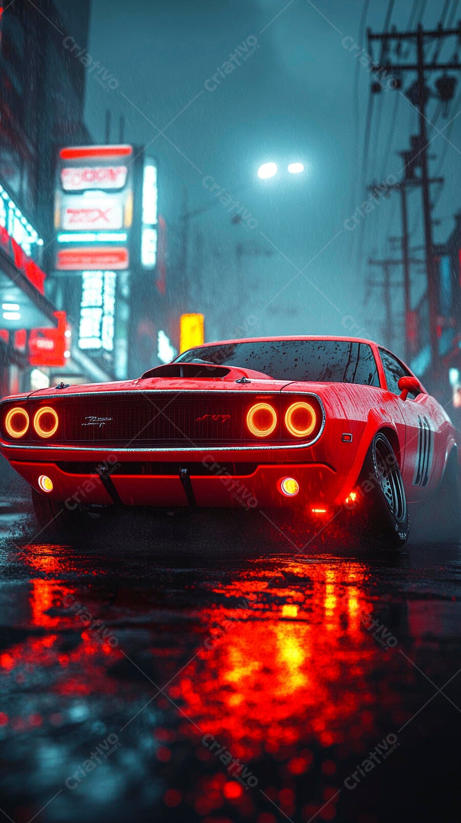 Carro esportivo vermelho clássico na rua noturna chuvosa com neons