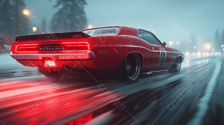 Muscle car vermelho acelerando em estrada molhada à noite sob neve