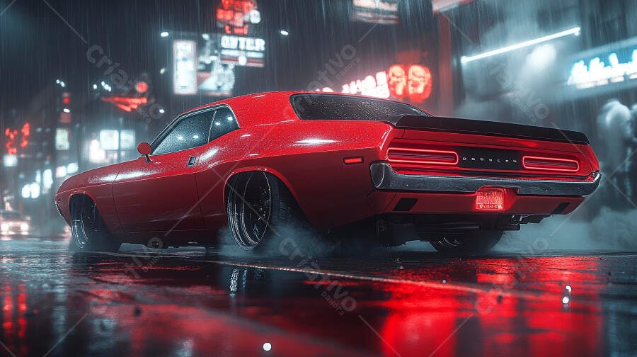 Dodge Challenger vermelho clássico em rua noturna de cidade chuvosa