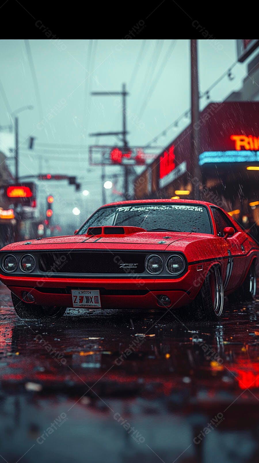 Muscle car Dodge Challenger vermelho vibrante em rua urbana chuvosa