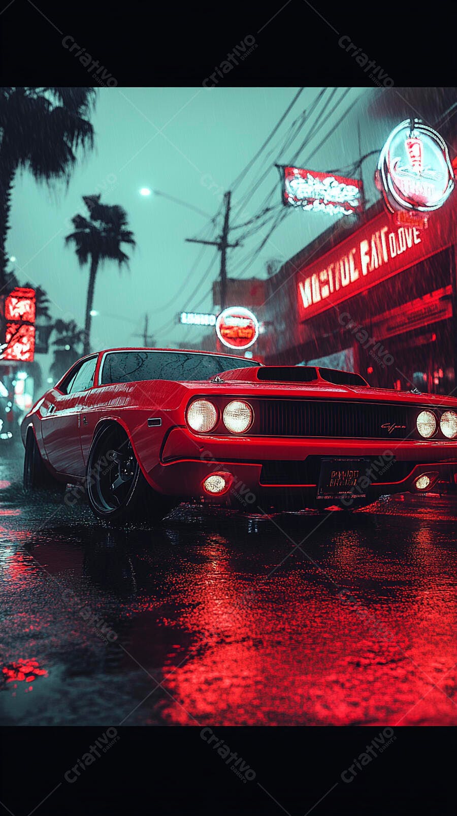 Carro muscle vermelho clássico em rua molhada urbana sob luzes neon noturnas