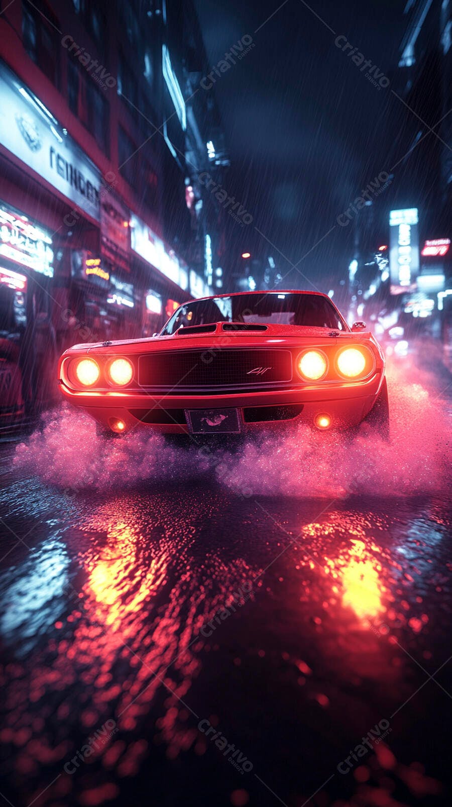 Carro muscle vermelho dirigindo na chuva em rua urbana noturna com luzes neon