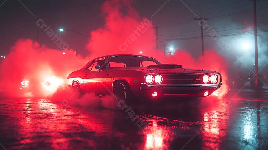 Carro muscle vermelho clássico em rua molhada com fumaça noturna
