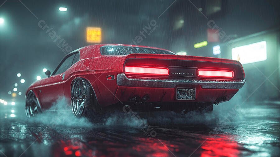 Dodge Challenger vermelho clássico dirigindo na noite chuvosa
