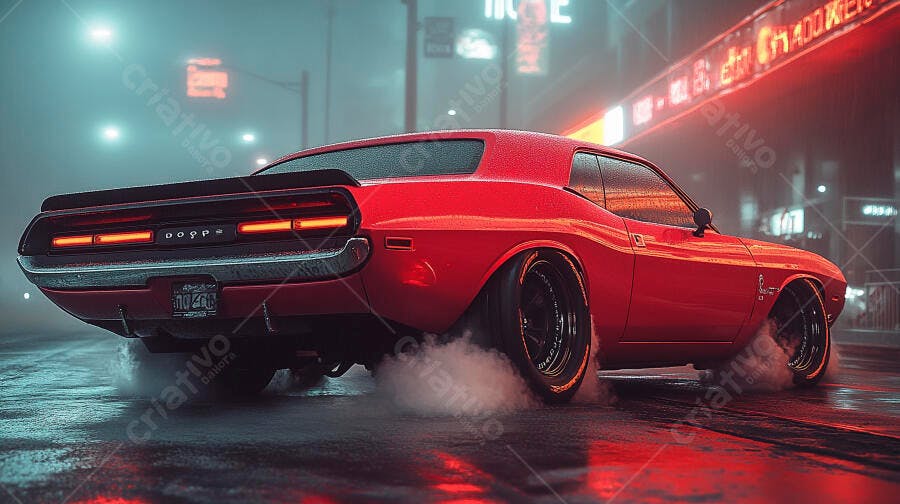 Carro muscle vermelho vintage em burnout na cidade noturna e chuvosa