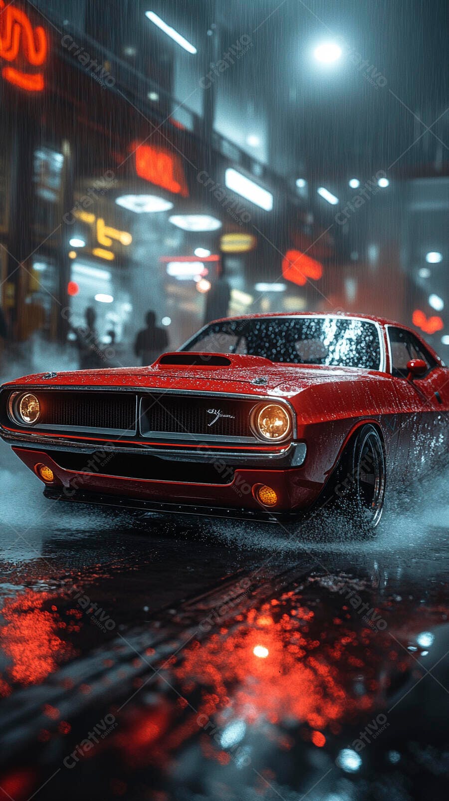 Carro muscle vermelho clássico em rua urbana chuvosa com luzes neon noturnas