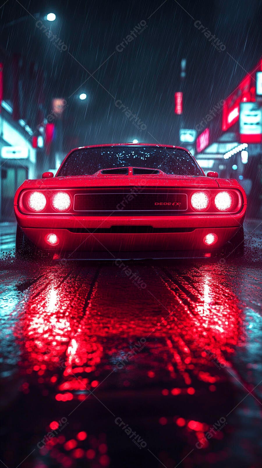 Carro esportivo vermelho na rua molhada sob chuva noturna neon