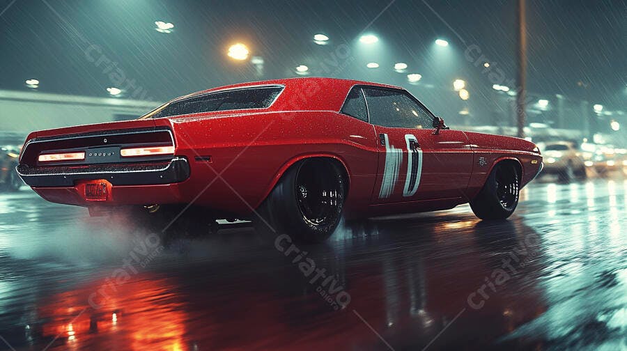 Carro muscle vermelho Dodge Challenger clássico na rua molhada à noite