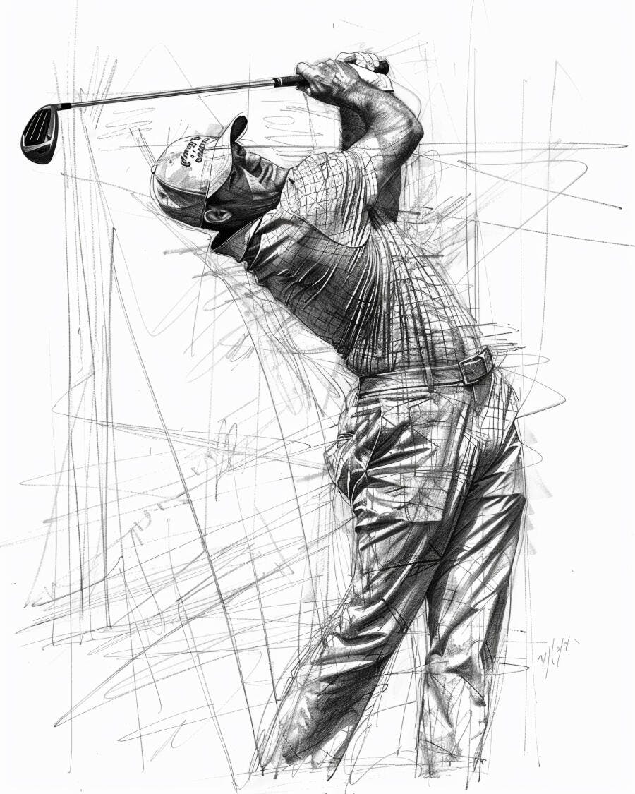 Jogador de golfe homem em swing dinâmico ilustração a lápis