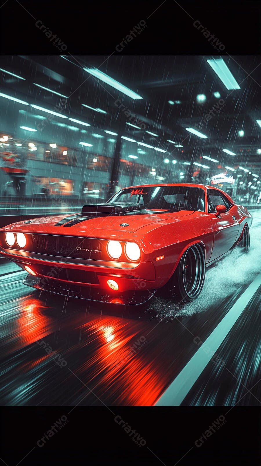 Carro muscle vermelho Dodge Challenger vintage na chuva noturna em alta velocidade