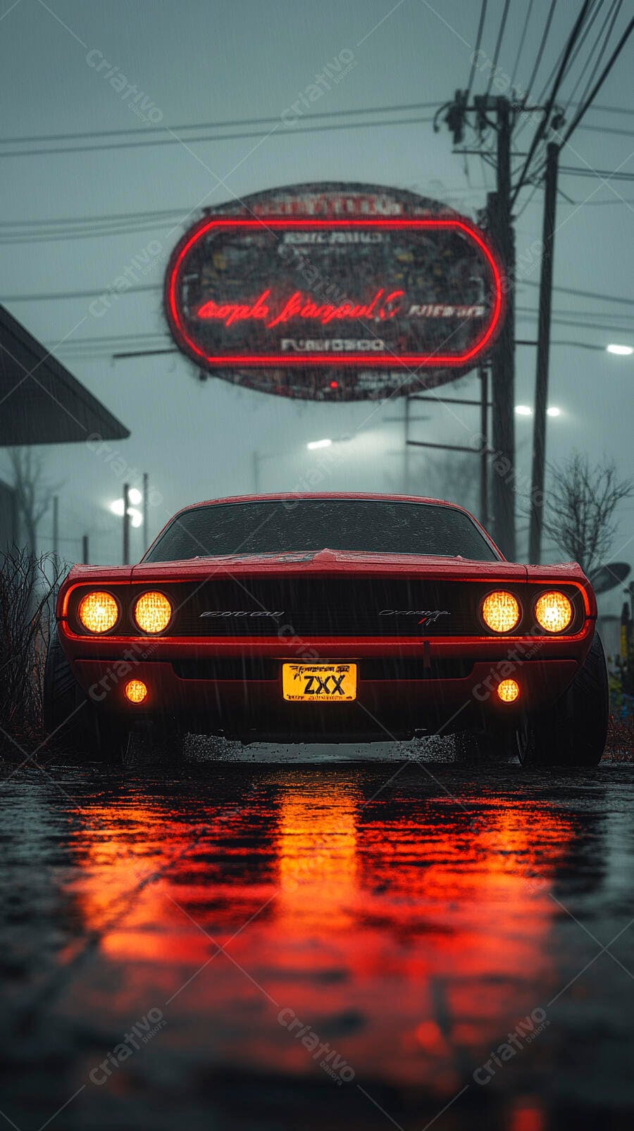 Carro muscle vermelho clássico na chuva noturna com reflexos de luzes neon e lanternas