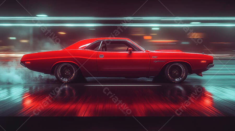 Carro muscle vermelho Dodge Challenger em alta velocidade com fumaça no asfalto noturno