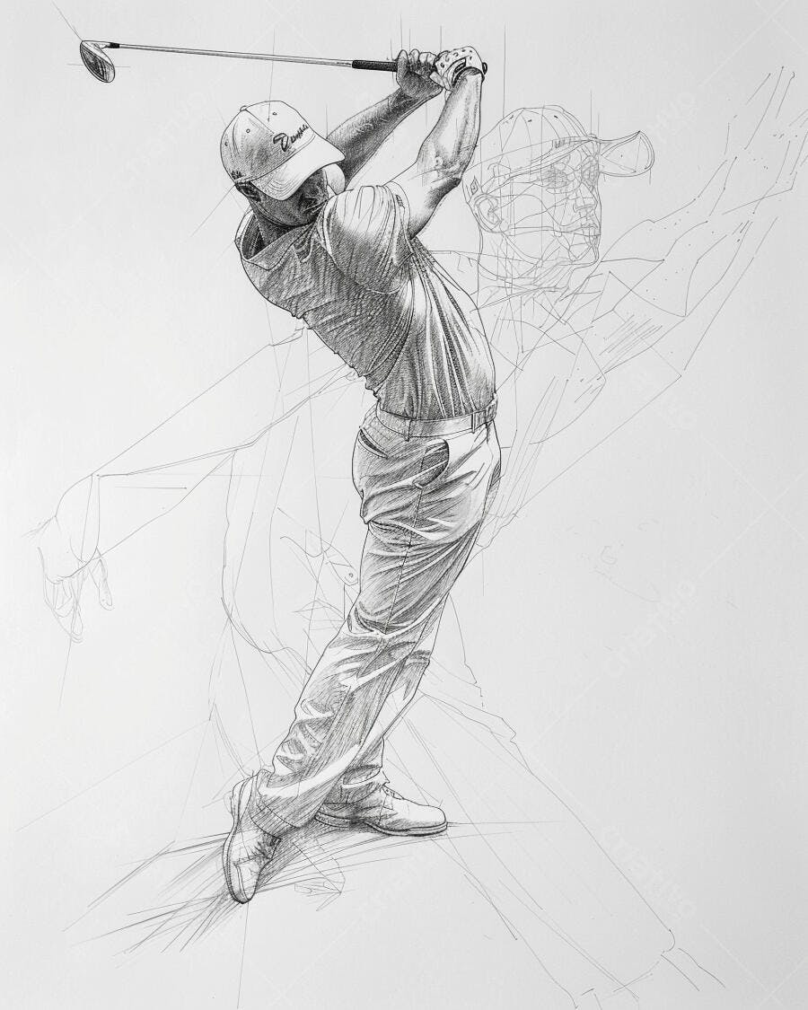 Homem golfista em swing poderoso desenho a lápis dinâmico