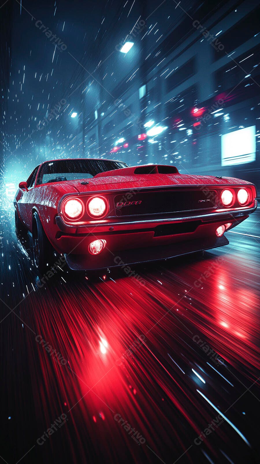 Muscle car vermelho vintage em alta velocidade na rua molhada à noite urbana
