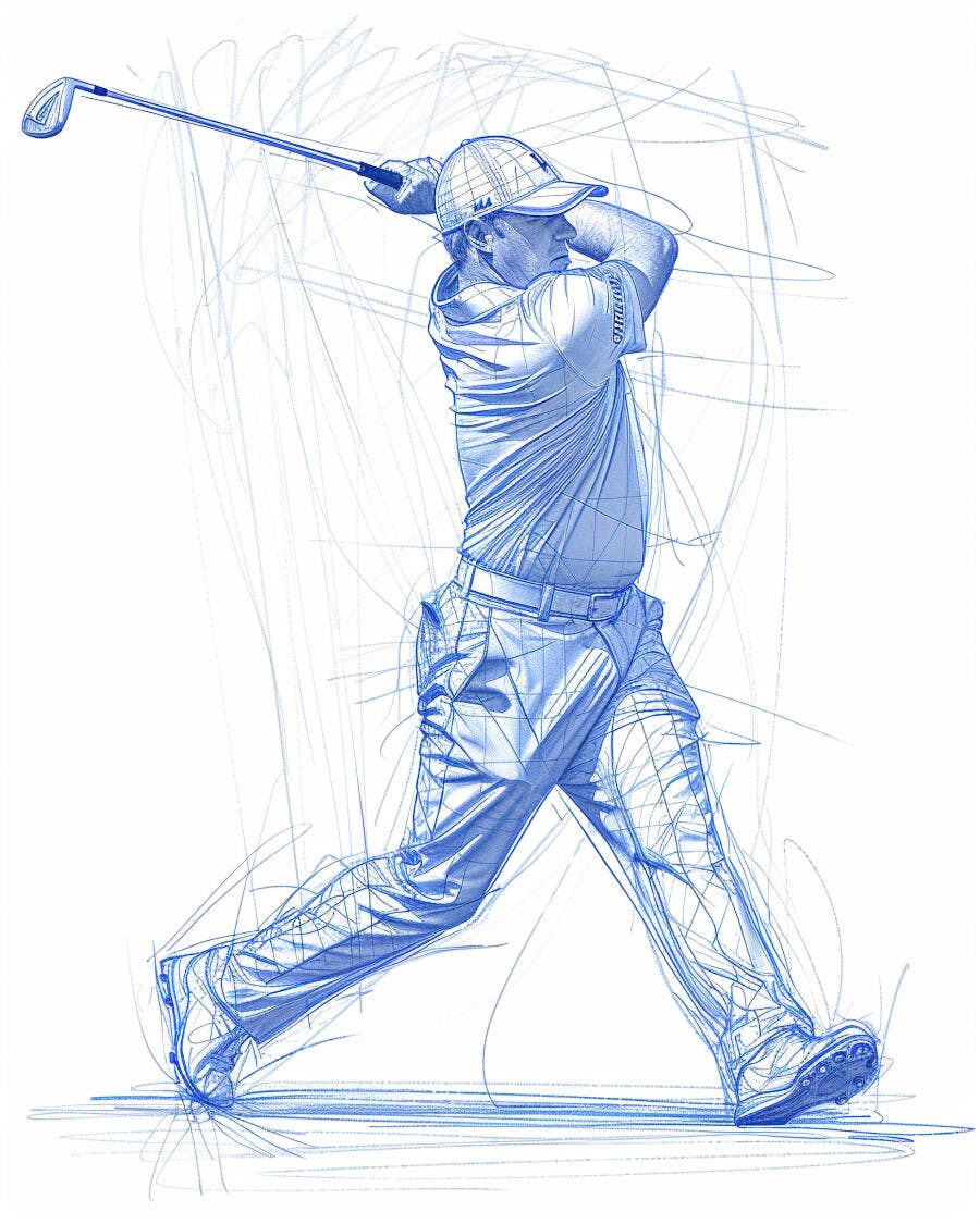 Golfista homem em movimento com taco de golfe ilustração azul e branca