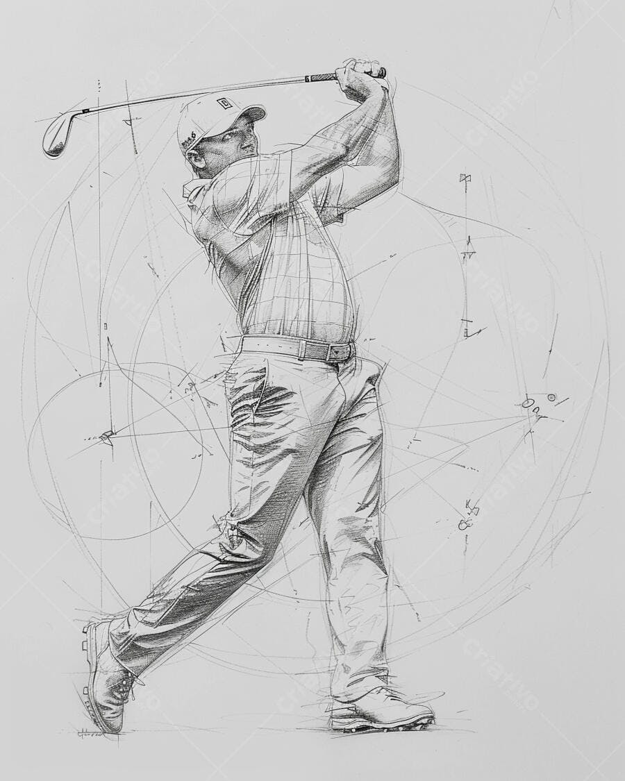 Golfista masculino caucasiano em movimento de swing desenho técnico monocromático
