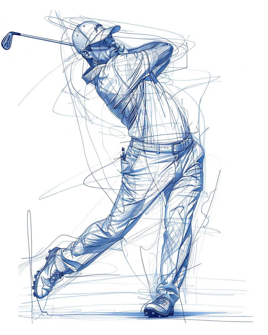 Homem golfista em movimento de swing vibrante ilustração artística azul