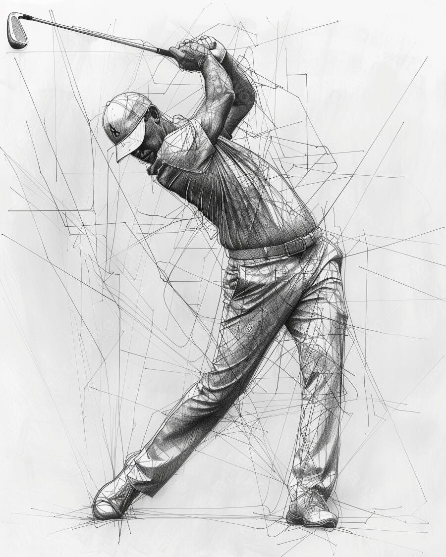 Homem golfista em swing dinâmico ilustração em preto e branco