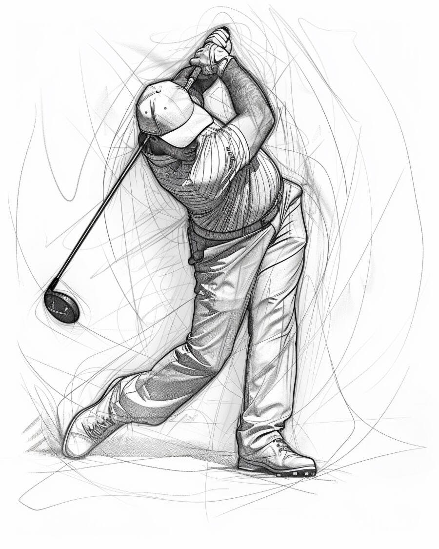 Jogador de golfe homem branco em pleno swing com driver ilustração
