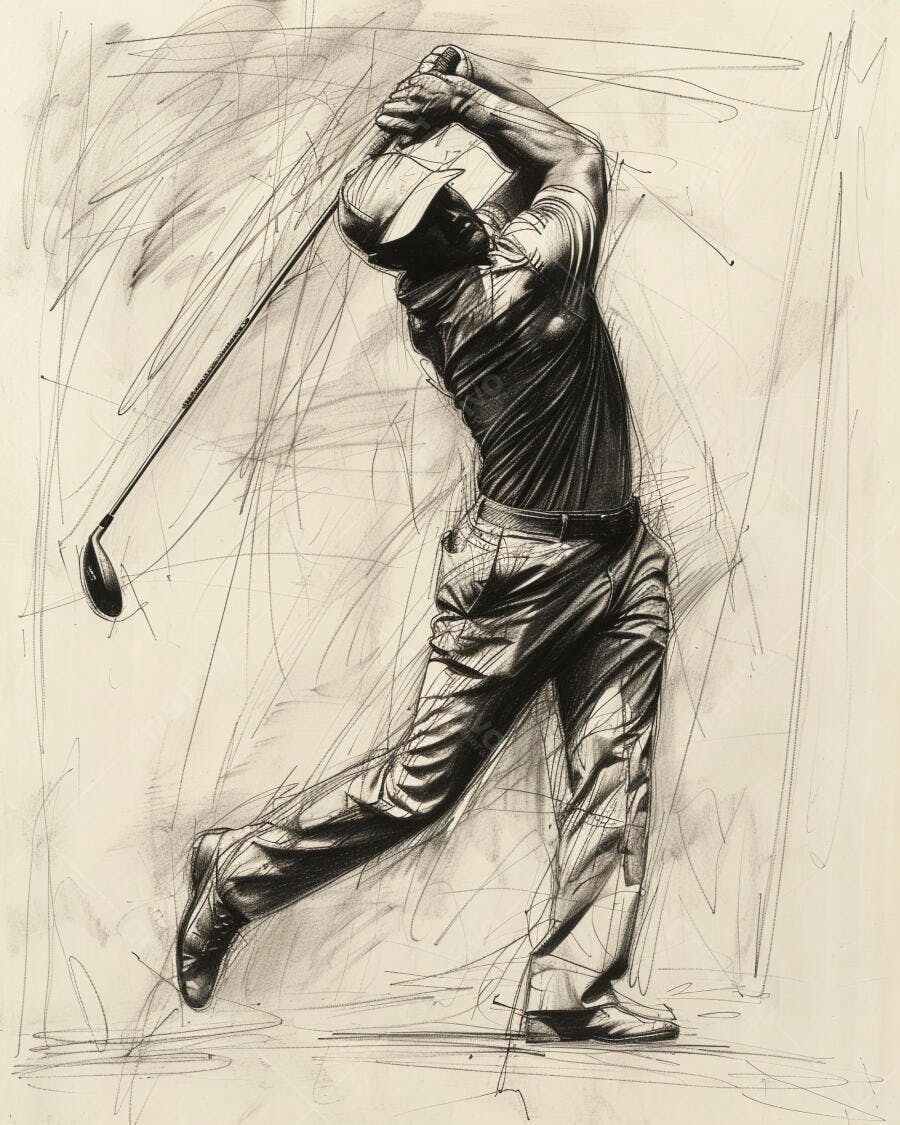 Homem golfista em swing poderoso desenho a carvão com traços expressivos