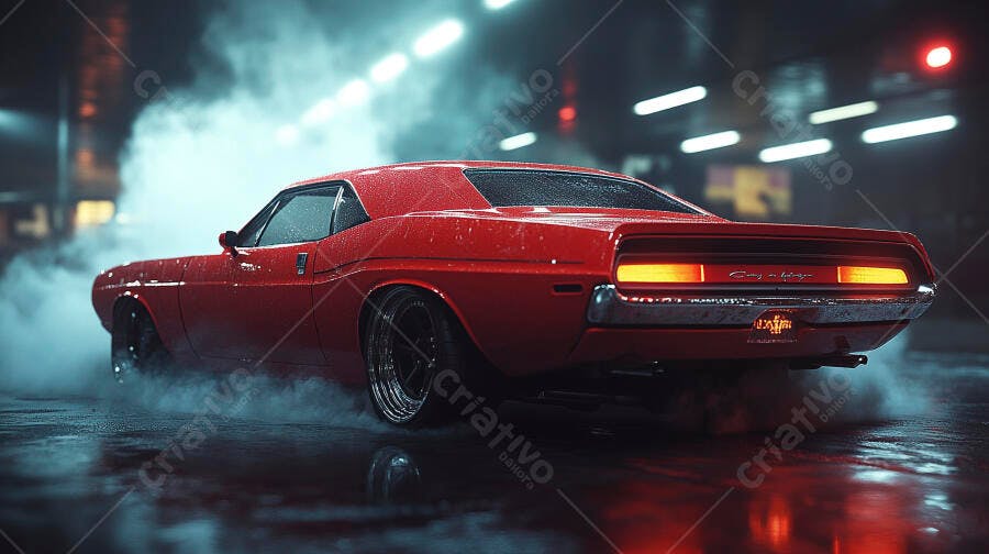 Muscle car vintage vermelho em rua noturna molhada com fumaça
