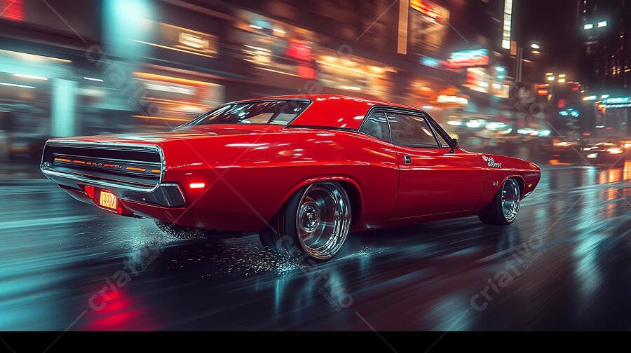 Carro muscle Dodge Challenger vermelho em rua urbana molhada à noite