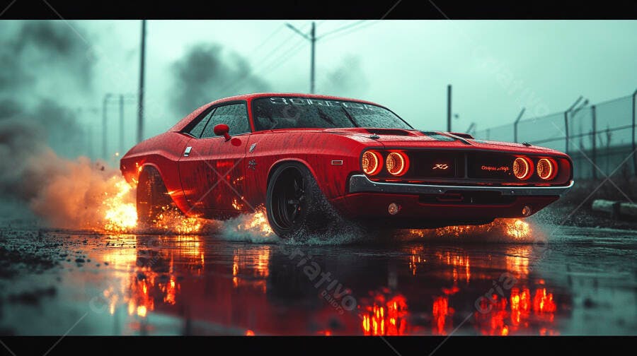 Carro muscle vermelho Dodge Challenger derrapando em pista molhada com faíscas noturnas
