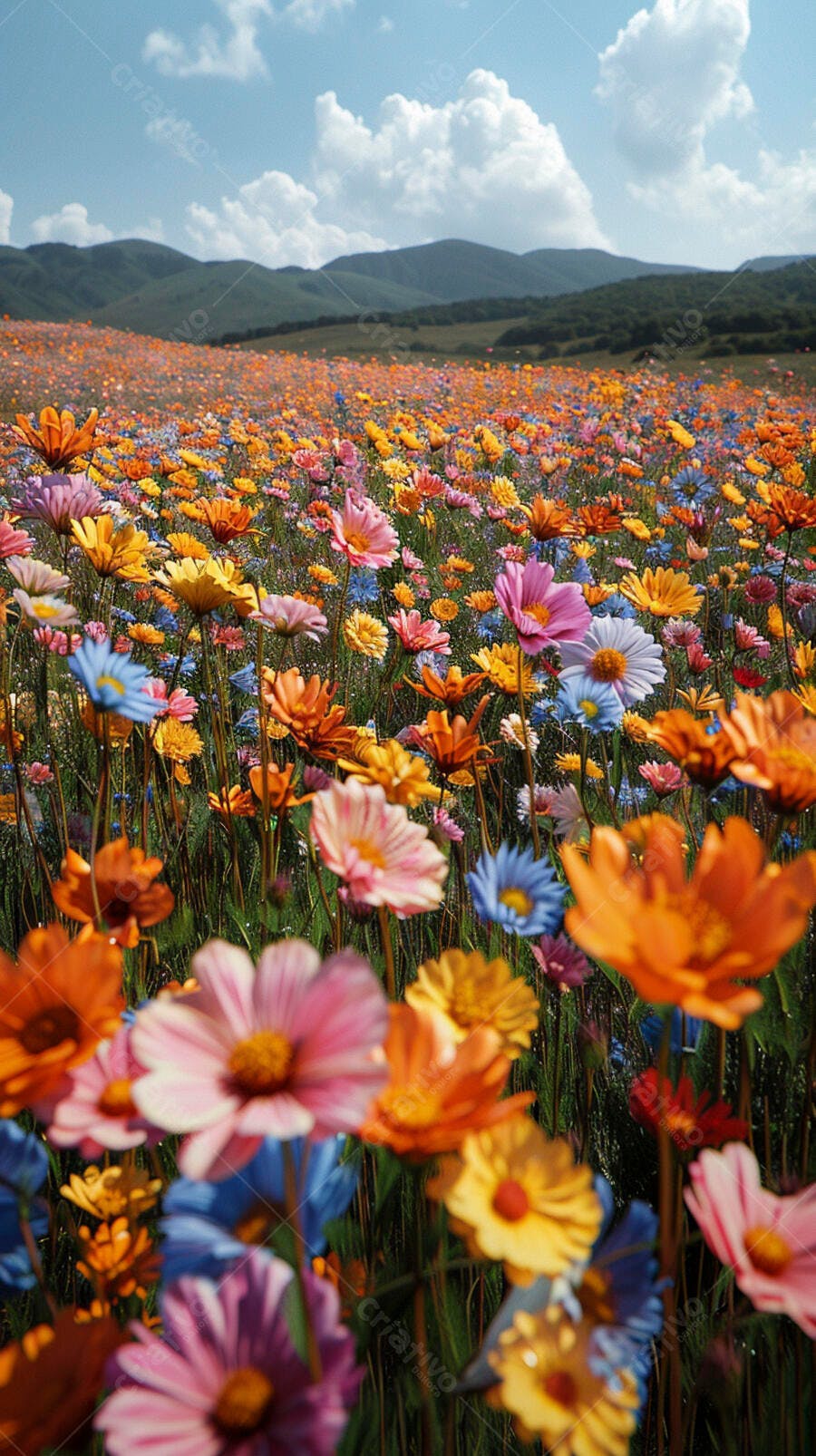 Campo de flores coloridas vibrantes com montanhas e céu azul