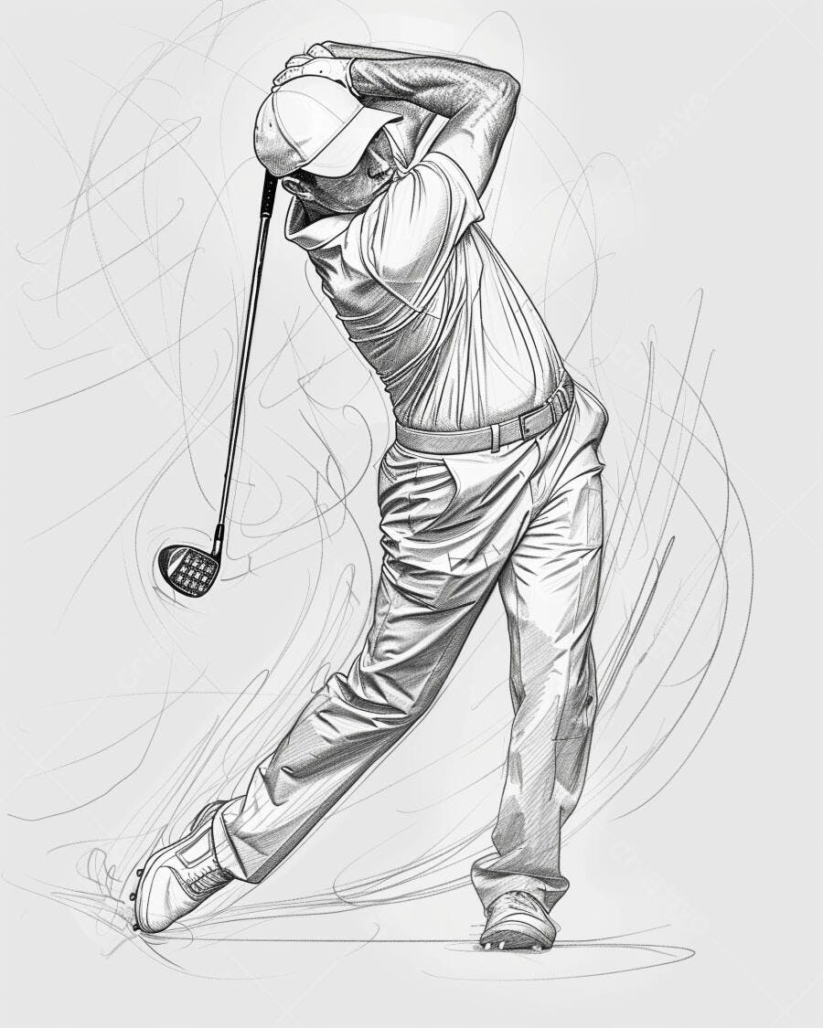Golfista masculino em movimento com taco de golfe desenho a lápis