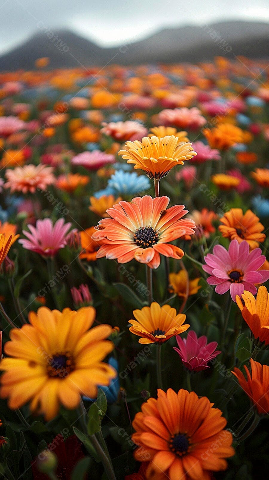 Campo de flores coloridas em tons de laranja rosa e amarelo com montanhas ao fundo