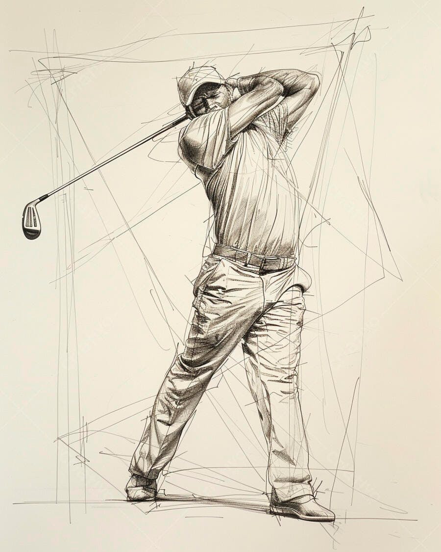 Golfista homem atlético fazendo swing poderoso ilustração a traço