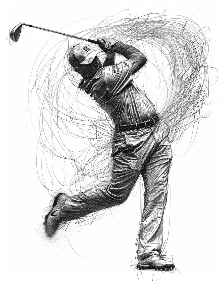 Golfer masculino branco em swing potente ilustração artística monocromática