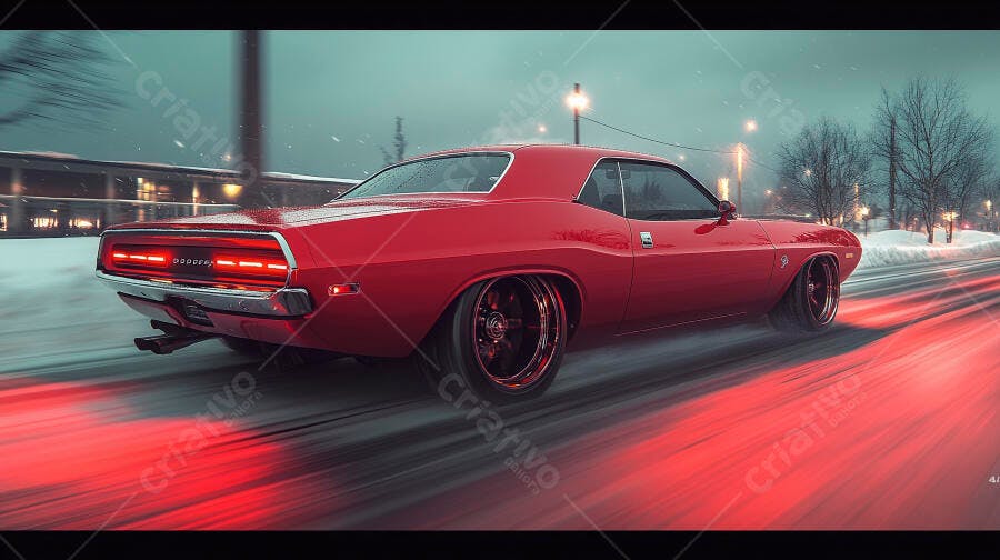 Dodge Challenger clássico vermelho em rua nevada noturna com luzes da cidade