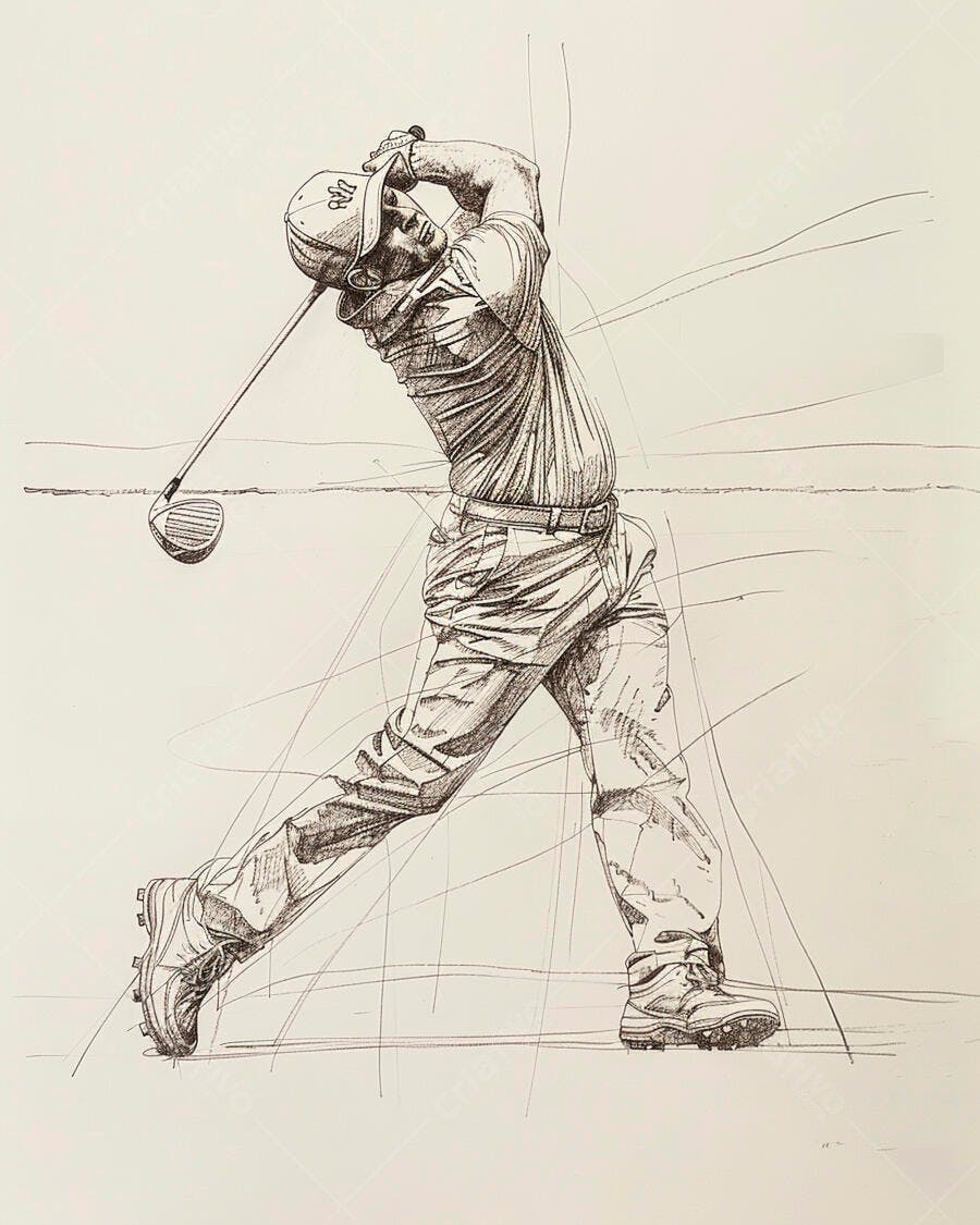 Homem golfista em movimento de swing com driver ilustração a traço