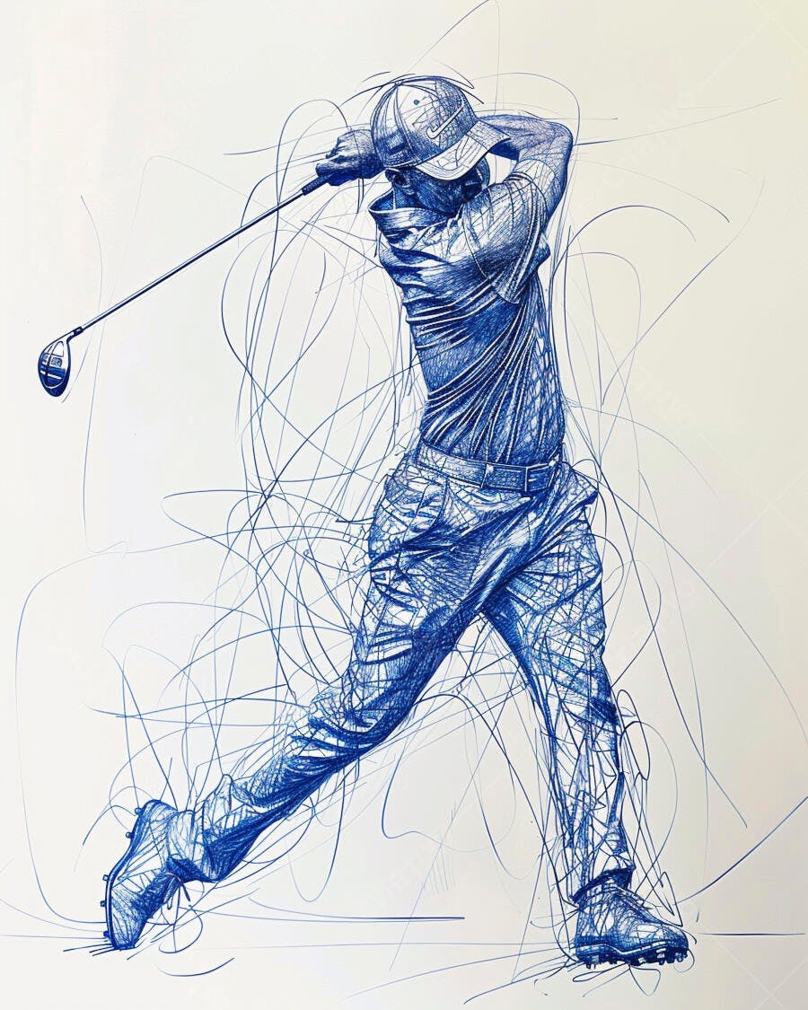 Jogador de golfe masculino em swing dinâmico ilustração a caneta azul