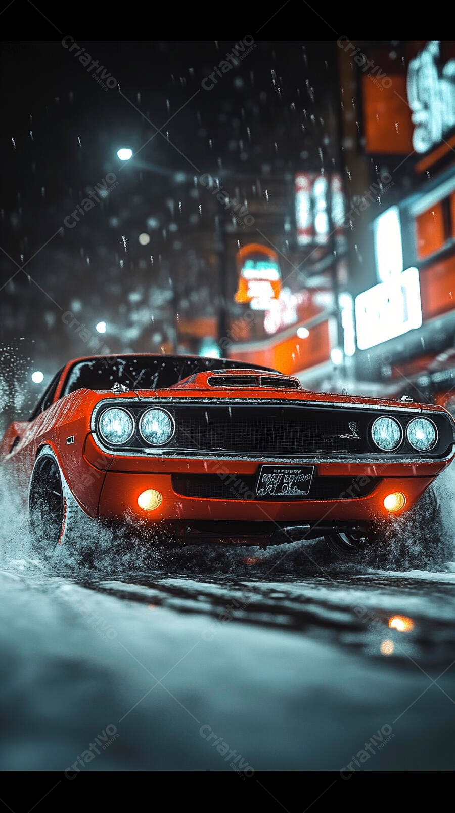 Carro muscle vermelho Dodge Challenger na chuva intensa noturna urbana