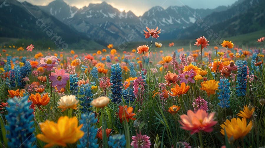 Campo de flores silvestres vibrantes com montanhas majestosas ao amanhecer