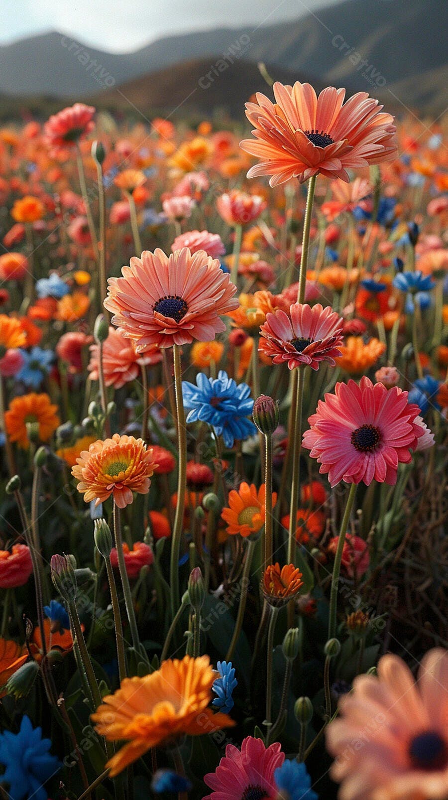 Gerberas vibrantes laranja rosa e azul em campo florido com montanhas