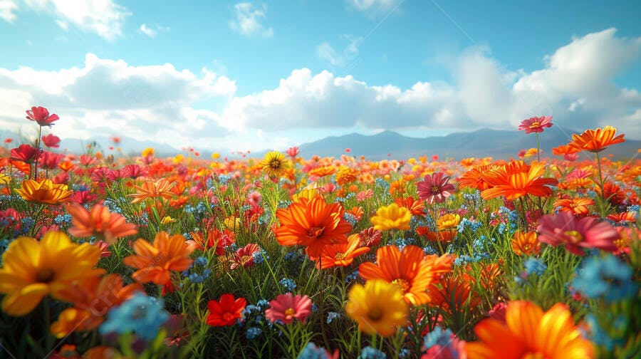 Campo de flores silvestres vibrantes sob céu azul claro