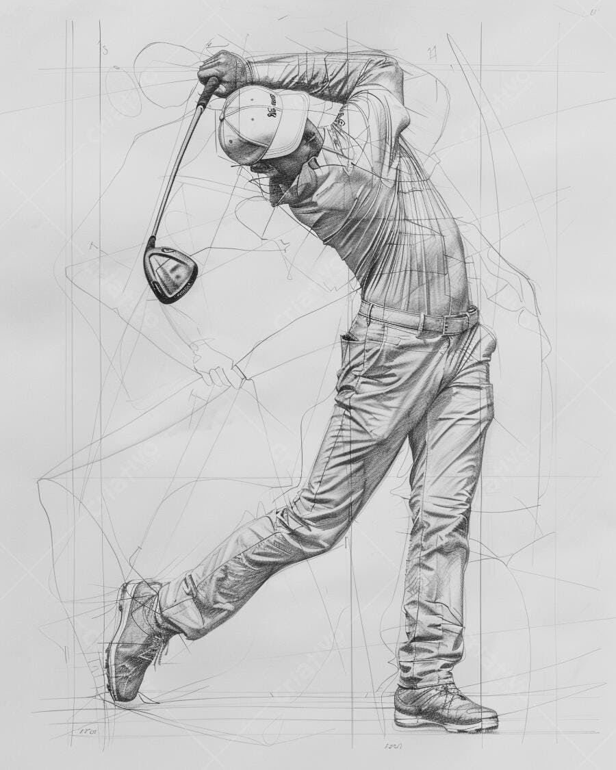 Homem golfista em swing com taco desenho monocromático estudo de movimento