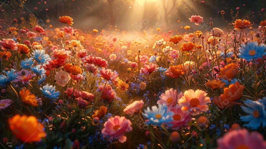 Campo de flores silvestres coloridas sob luz dourada do amanhecer