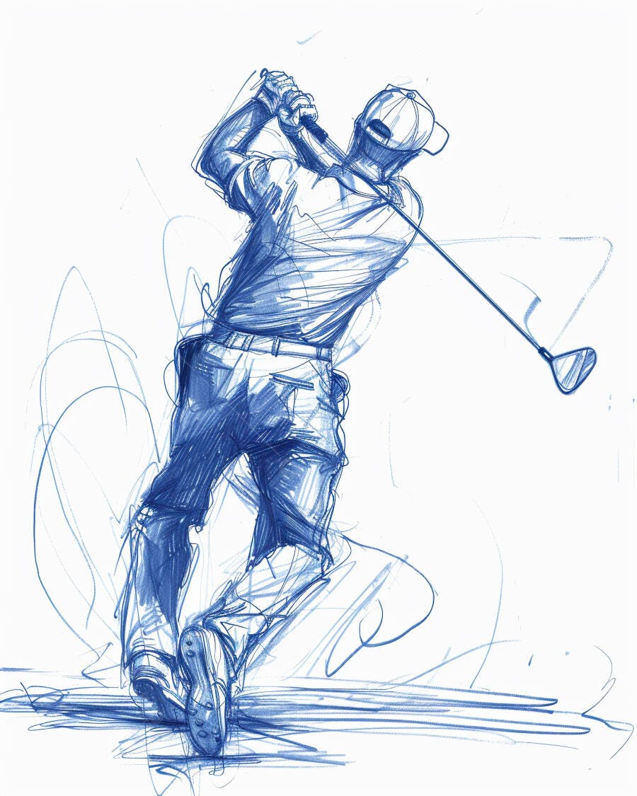 Jogador de golfe em tacada dinâmica ilustração azul e branca