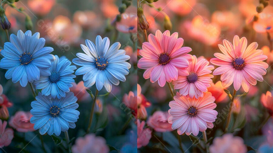 Flores margaridas azuis e rosas em campo vibrante com luz natural suave