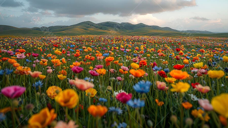 Campo de flores silvestres coloridas com montanhas verdes e céu nublado ao entardecer
