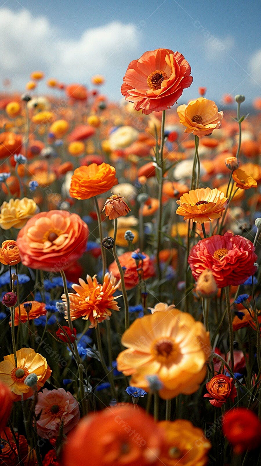 Campo de flores laranjas vermelhas e amarelas sob céu azul claro
