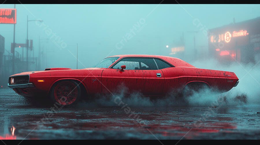 Muscle car vermelho clássico em rua urbana molhada com neblina e fumaça