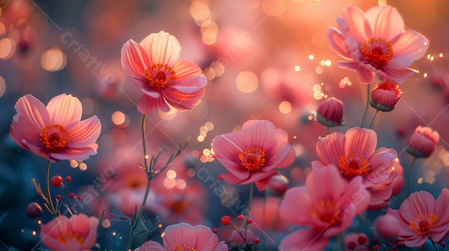 Flores cor de rosa em campo iluminado por luz dourada do pôr do sol