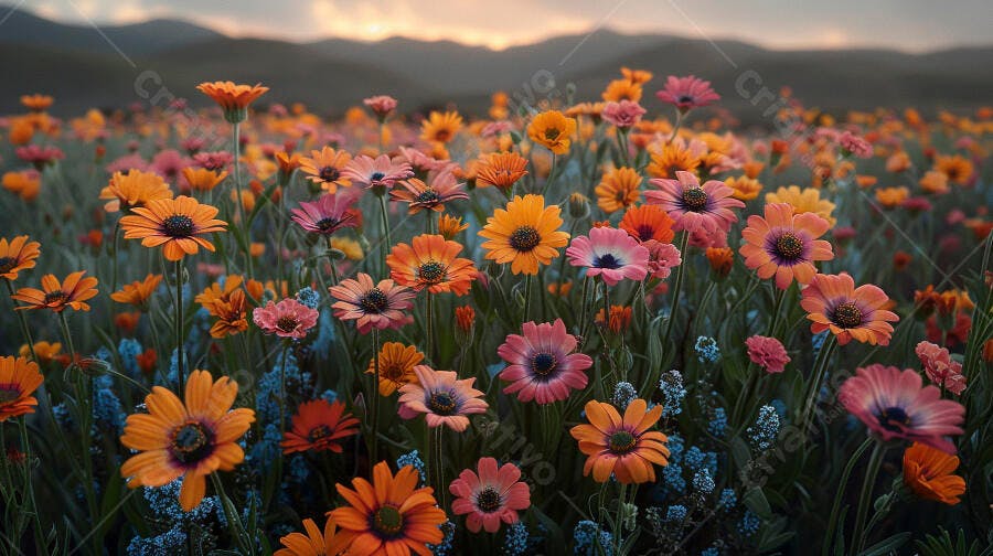 Campo vibrante de flores laranjas e rosas ao entardecer montanhoso
