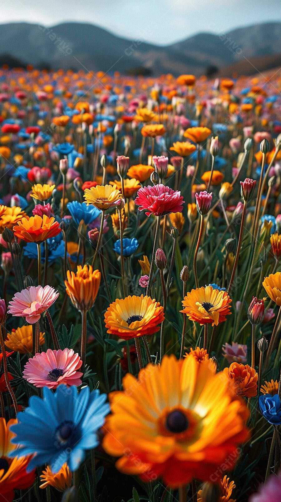 Campo de flores coloridas vibrantes com montanhas ao fundo na primavera