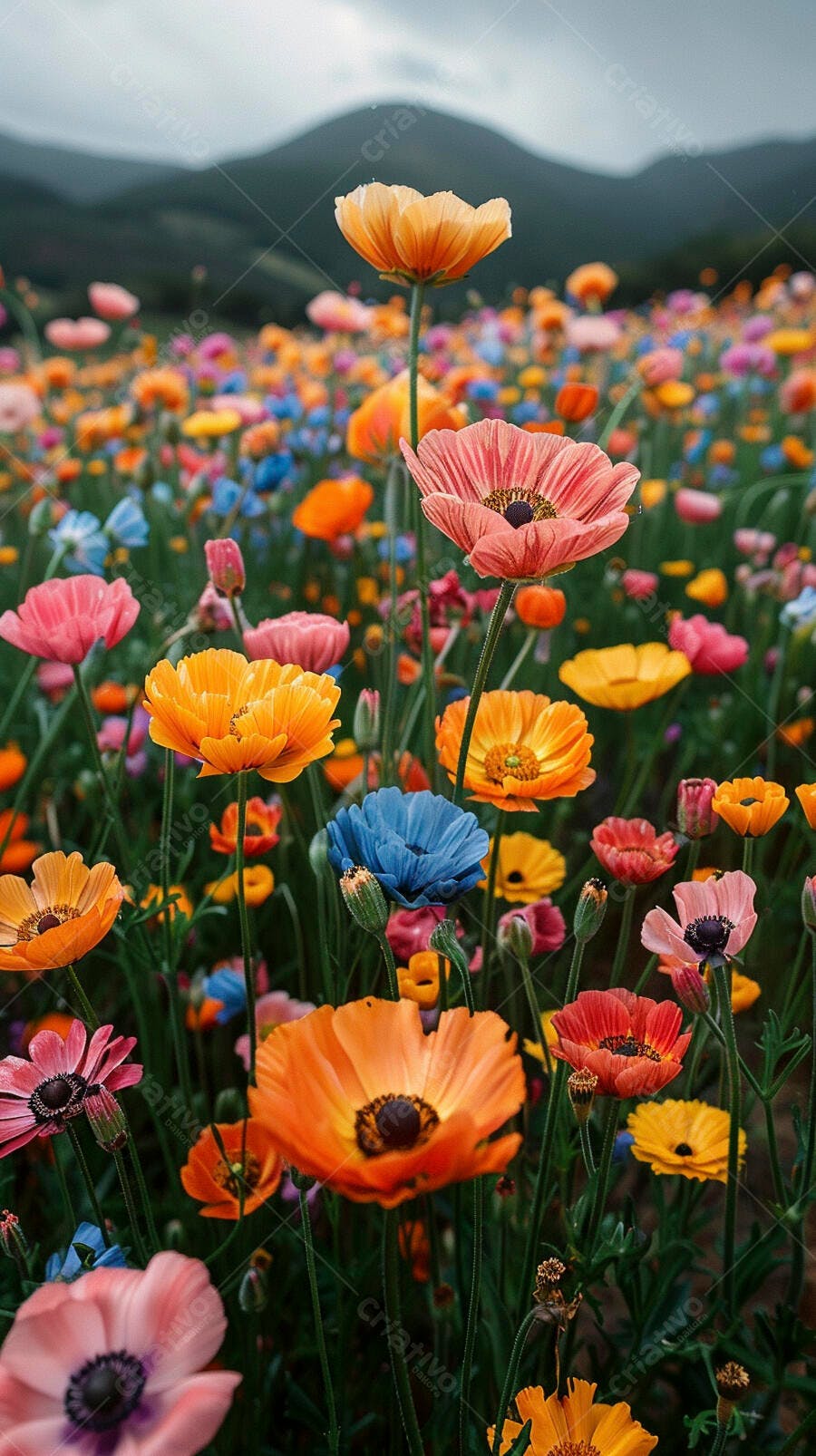 Campo de papoulas vibrantes com flores laranja rosa amarelo azul e montanhas ao fundo